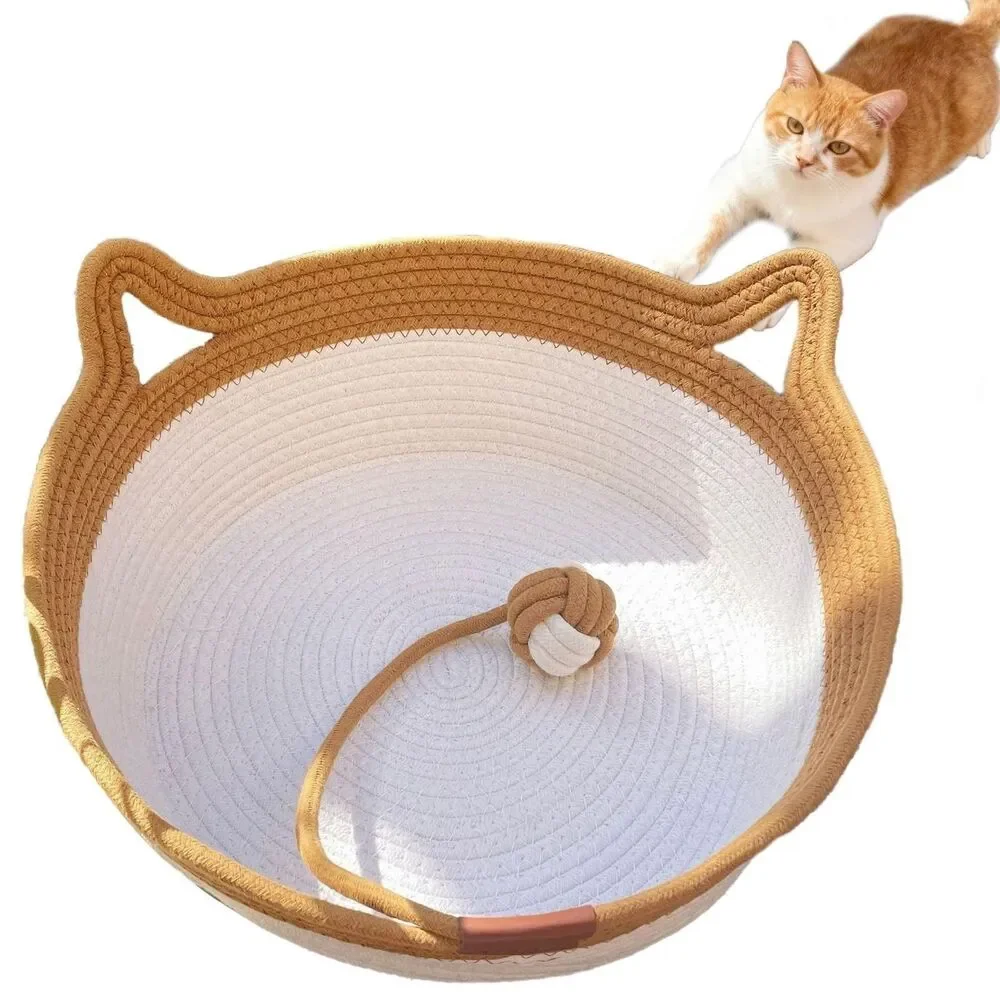 FHKPET Stimuli Handwoven Large Cat Basket Rope Cotton Round Boho Catbed